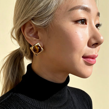 Square Tiger Eye Stud Earrings