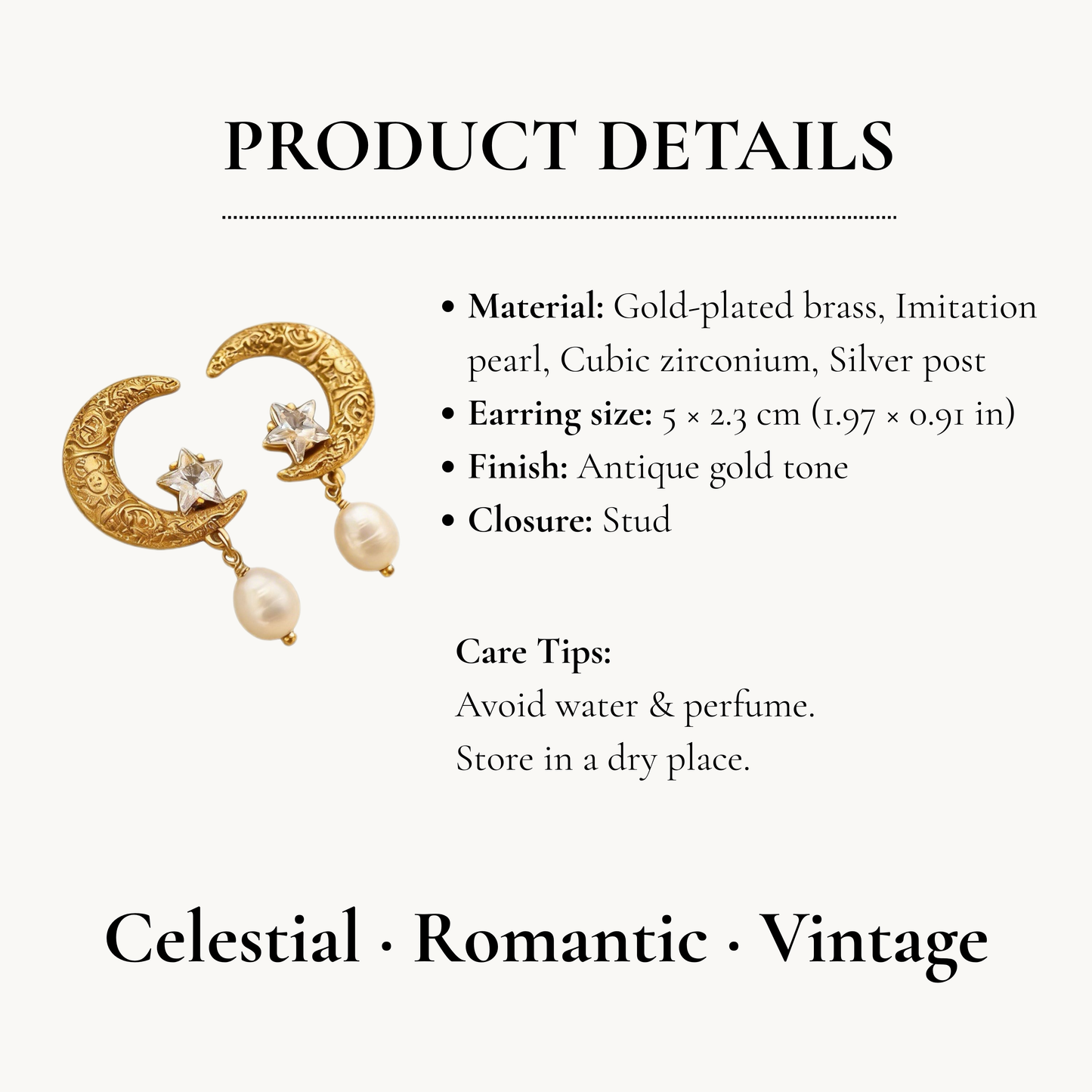 Vintage Moon Star Pearl Drop Earrings