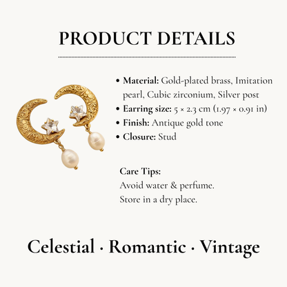 Vintage Moon Star Pearl Drop Earrings