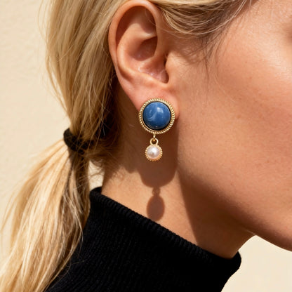 Blue Stone & Pearl Drop Earrings