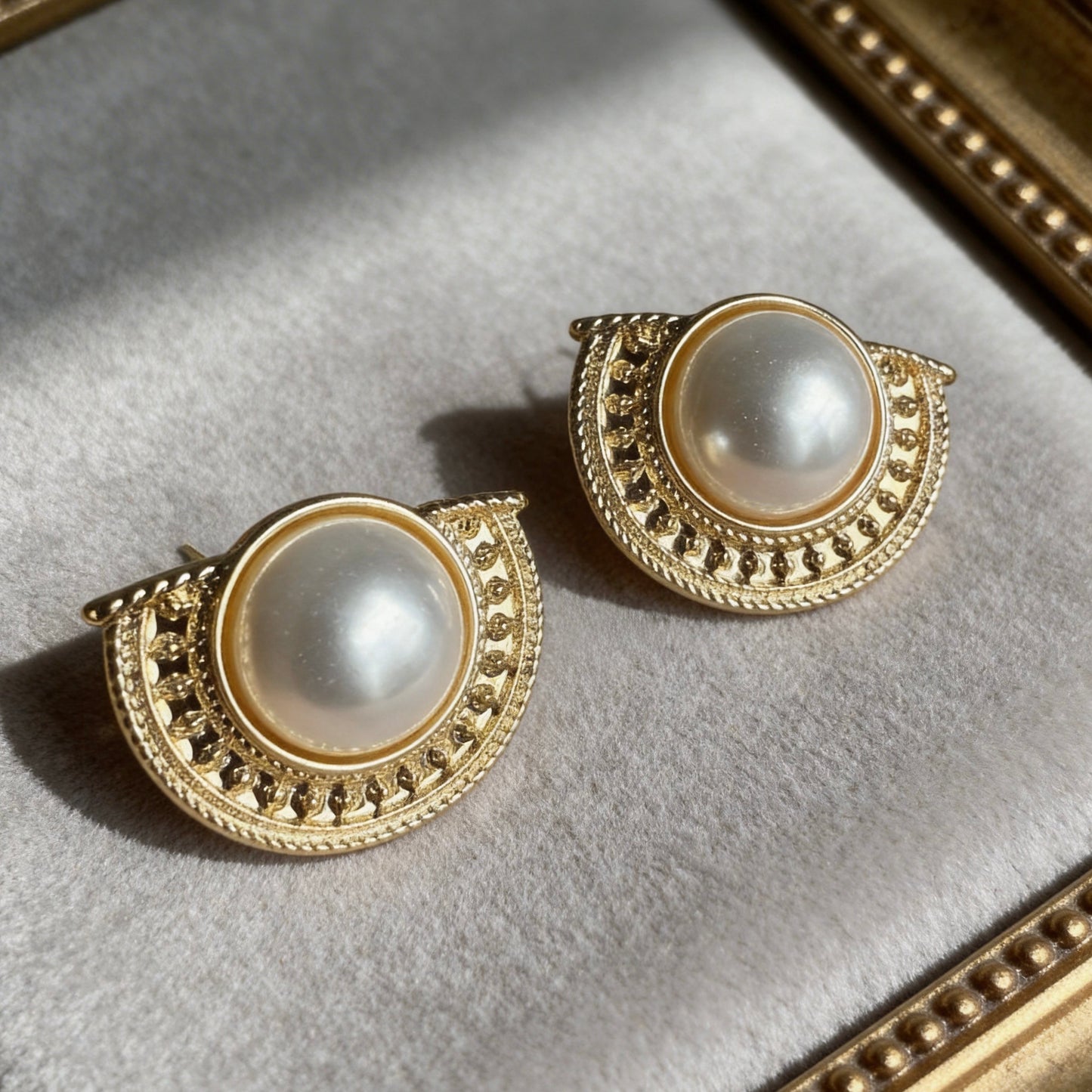 Vintage Gold Half-Moon Pearl Stud Earrings
