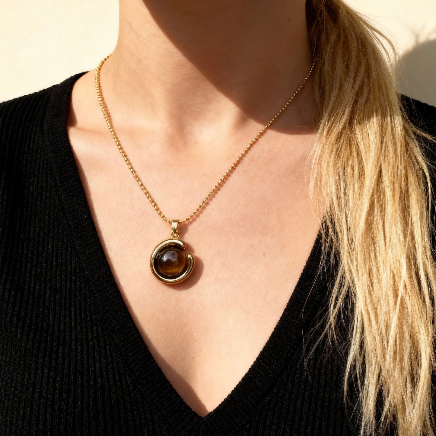 Tiger Eye C-Shaped Pendant Necklace