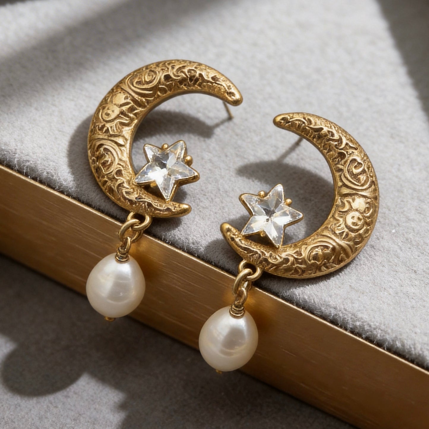 Vintage Moon Star Pearl Drop Earrings