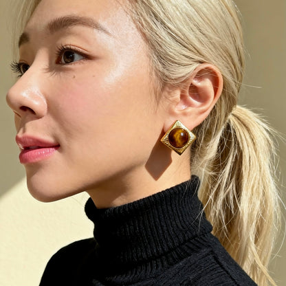 Square Tiger Eye Stud Earrings
