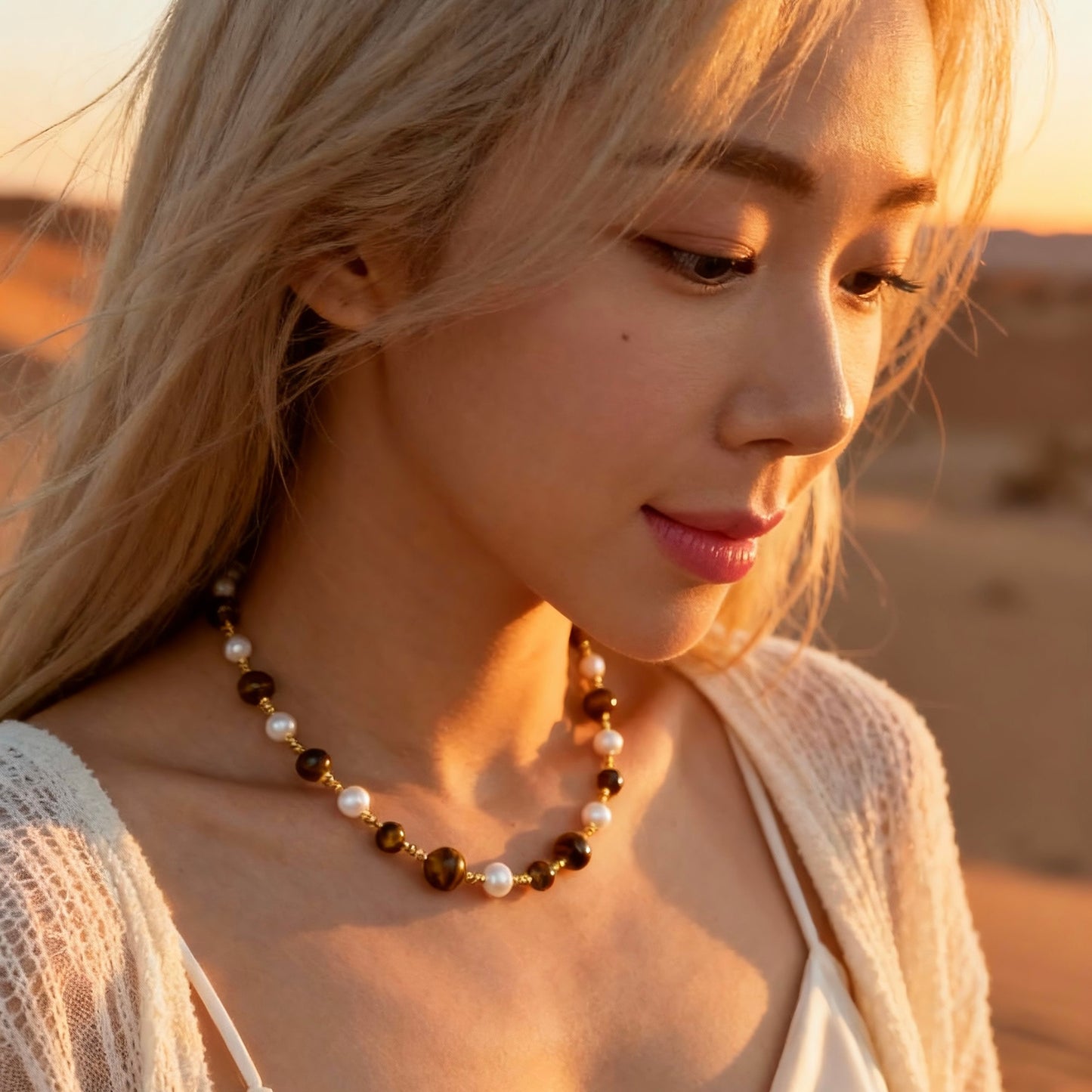 Tiger Eye & Pearl Beaded Necklace