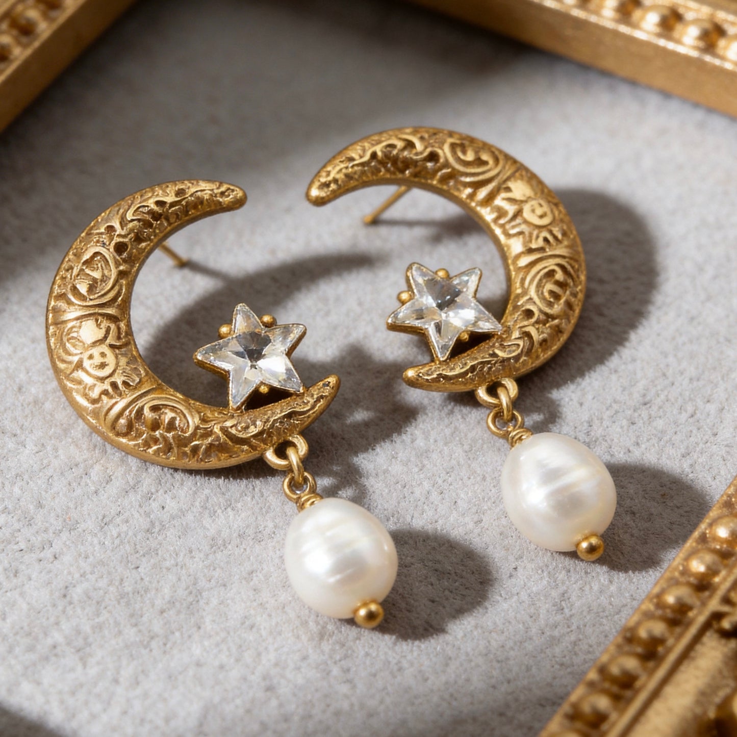 Vintage Moon Star Pearl Drop Earrings