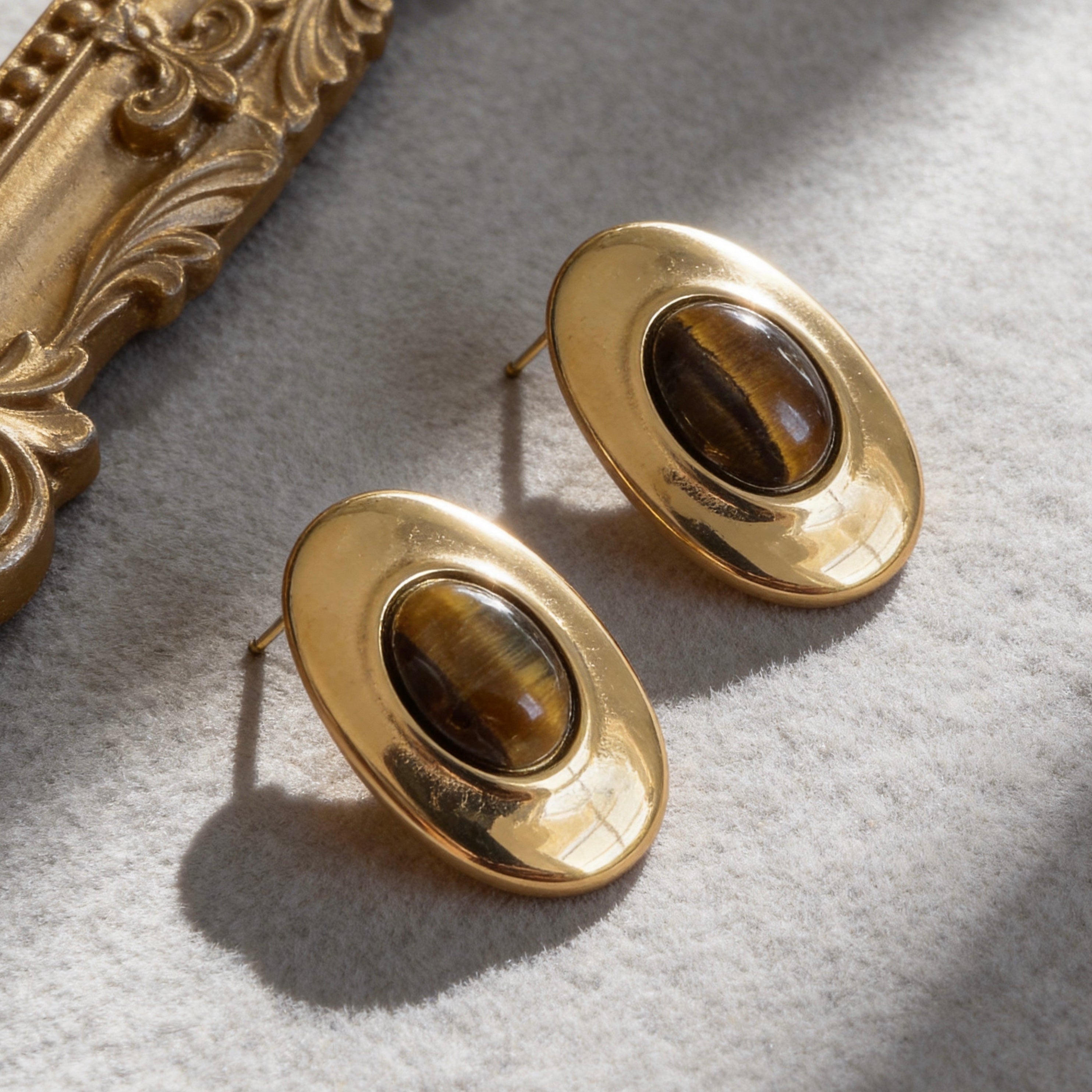 Oval Tiger Eye Stud Earrings