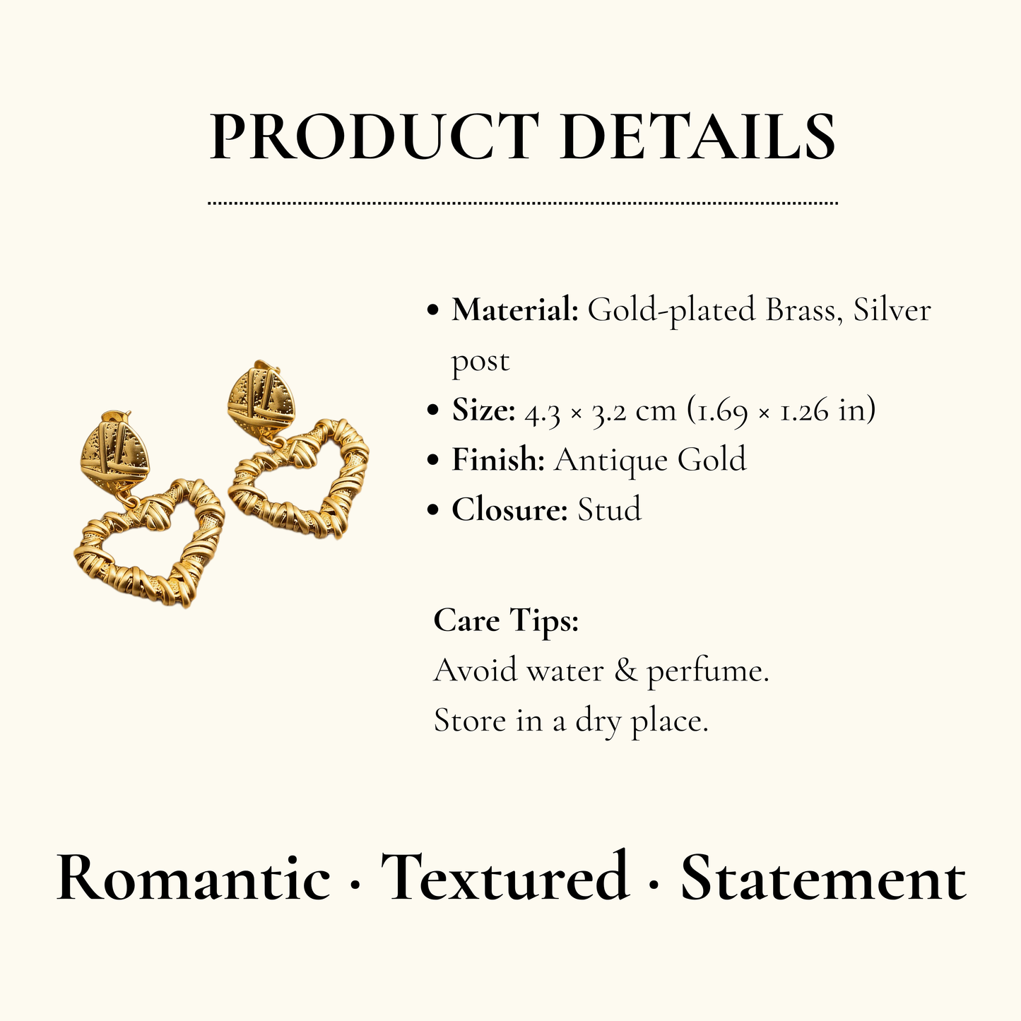 Vintage Gold Heart Drop Earrings