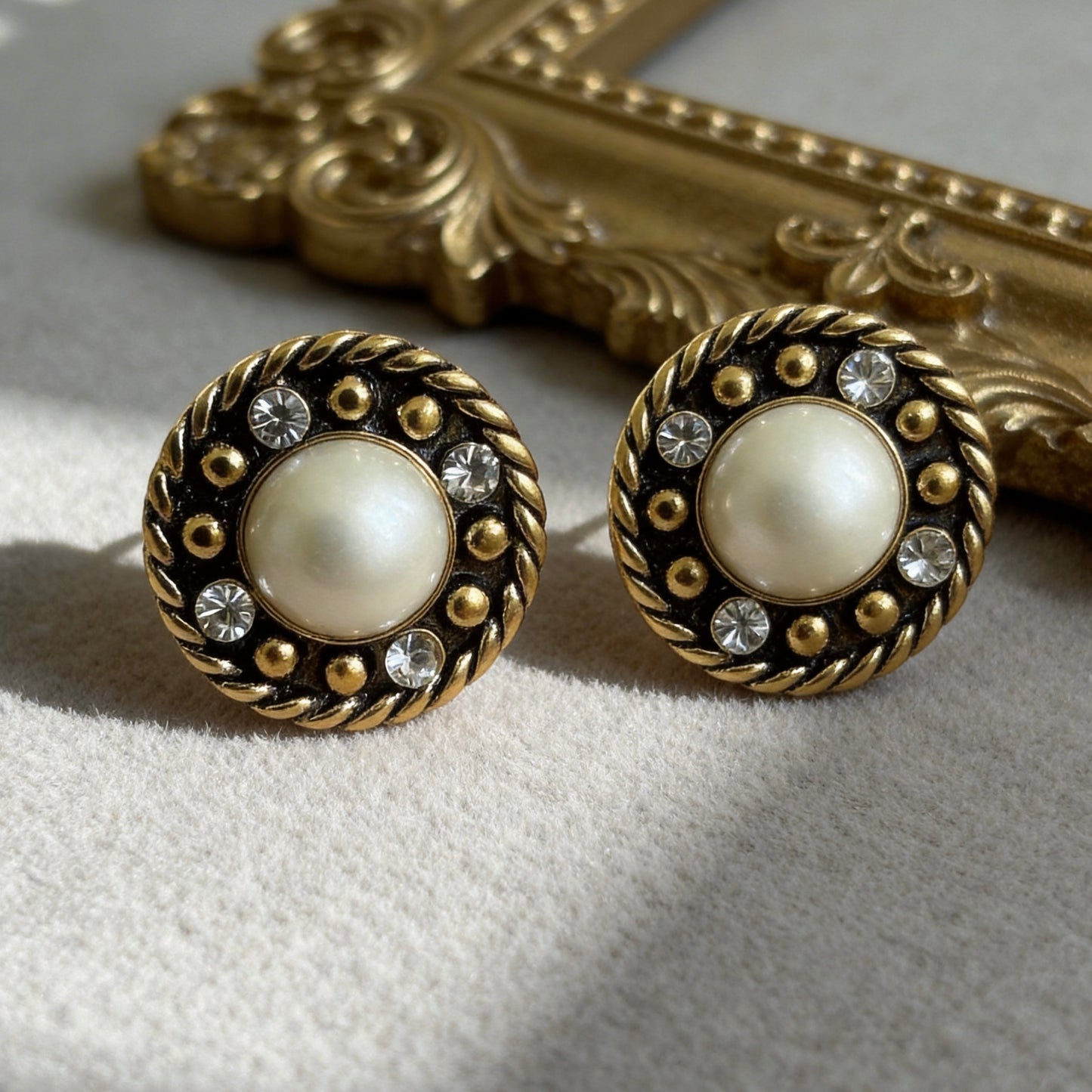 Vintage Pearl & Crystal Stud Earrings