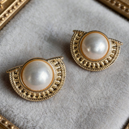 Vintage Gold Half-Moon Pearl Stud Earrings