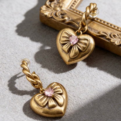 Gold Heart Bow Hoop Earrings