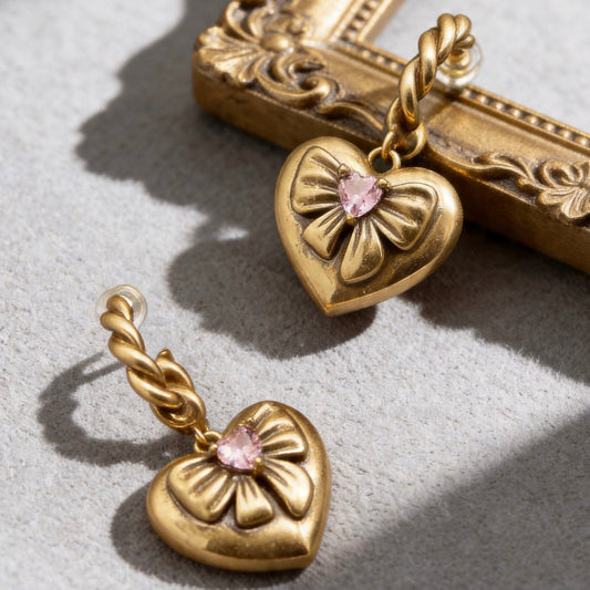 Gold Heart Bow Hoop Earrings