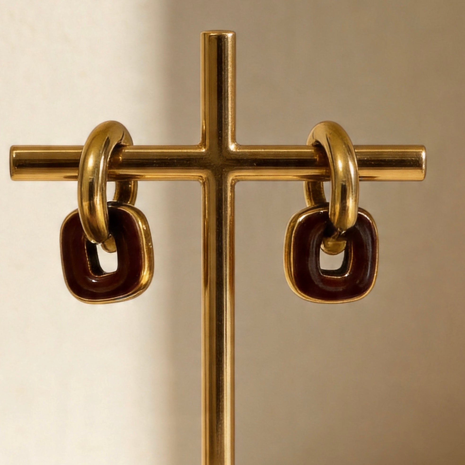 Gold & Red Brown Linked Hoop Earrings