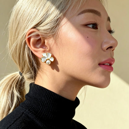White Shell Petal Pearl Stud Earrings