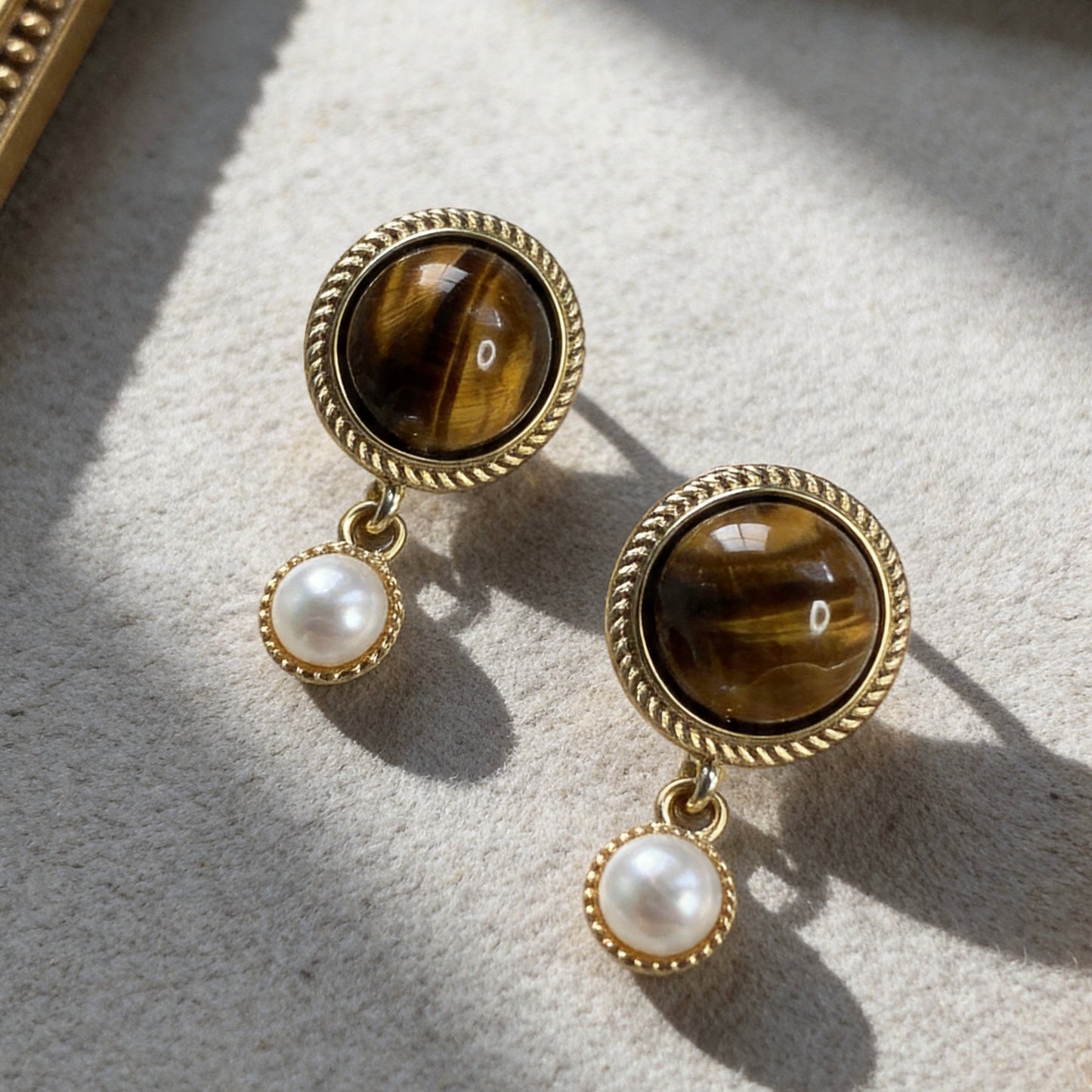 Vintage Tiger Eye & Pearl Drop Earrings