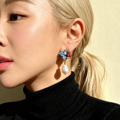 Blue Enamel Floral Baroque Pearl Drop Earrings
