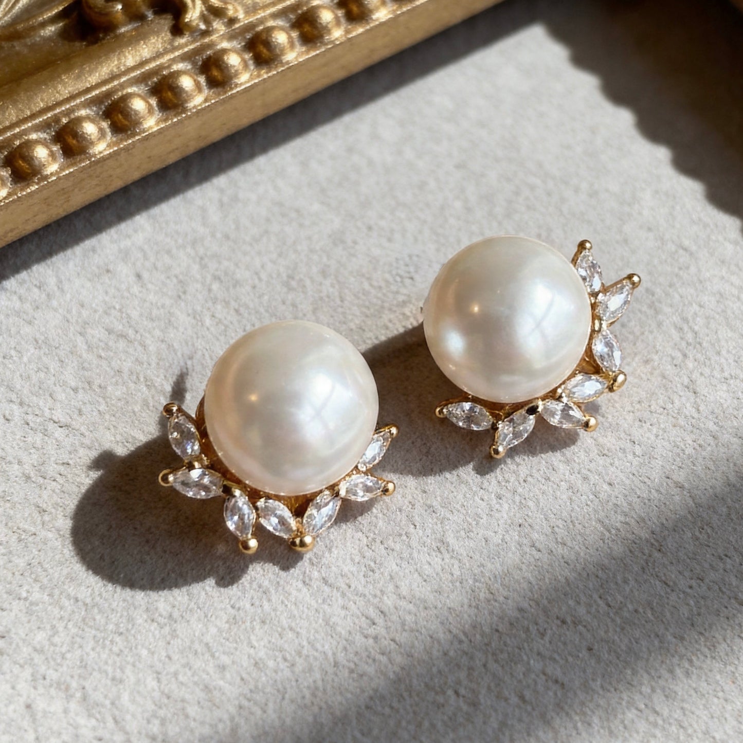 Pearl Stud Earrings with Crystal Halo