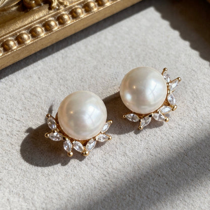 Pearl Stud Earrings with Crystal Halo