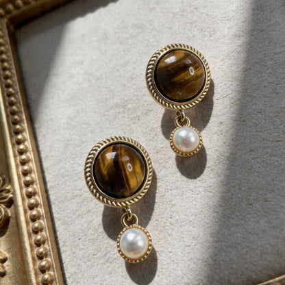 Vintage Tiger Eye & Pearl Drop Earrings