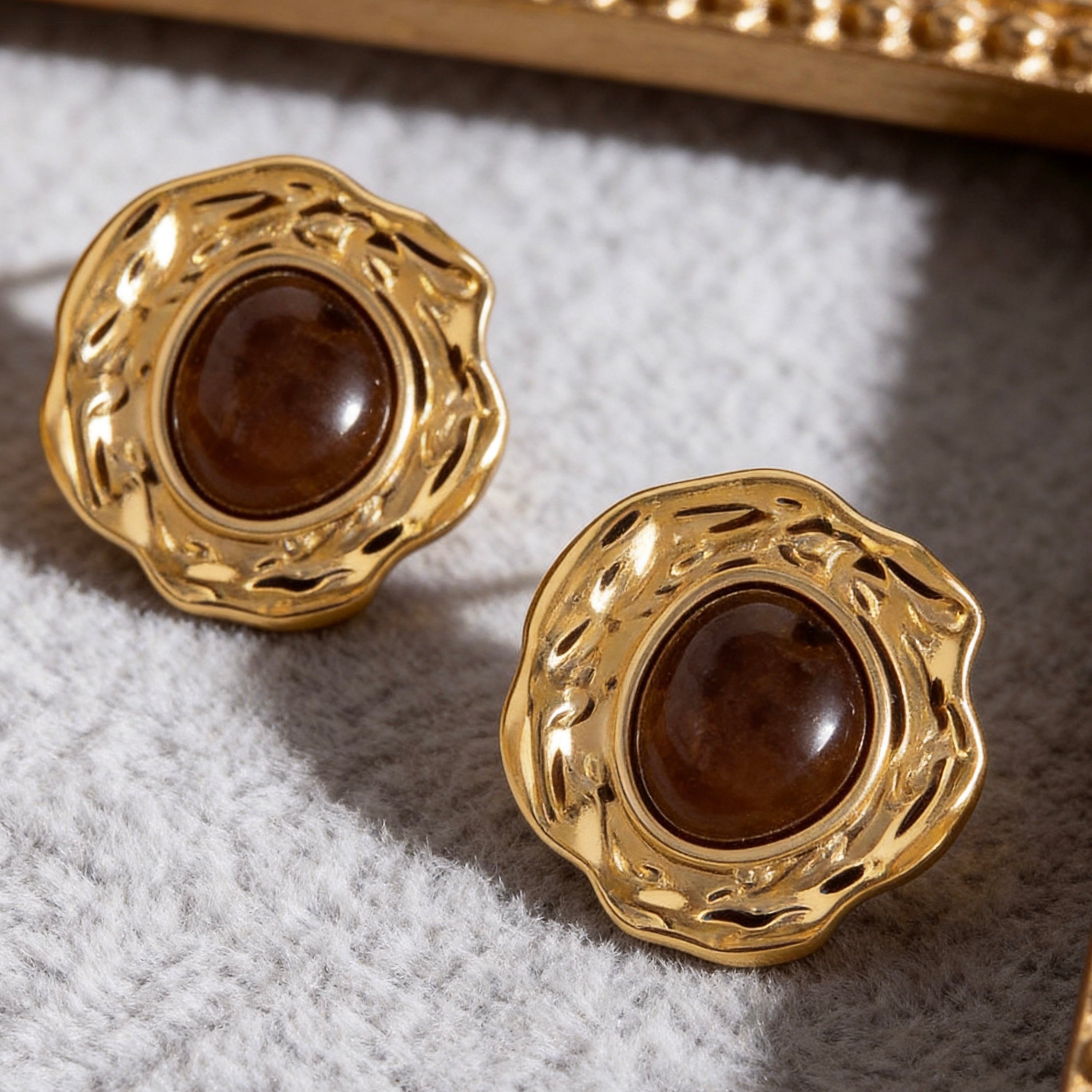 Gold Brown Stone Statement Stud Earrings