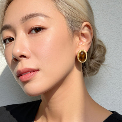 Vintage Oval Tiger Eye Stud Earrings