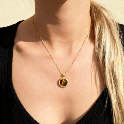 Tiger Eye Crystal Halo Pendant Necklace