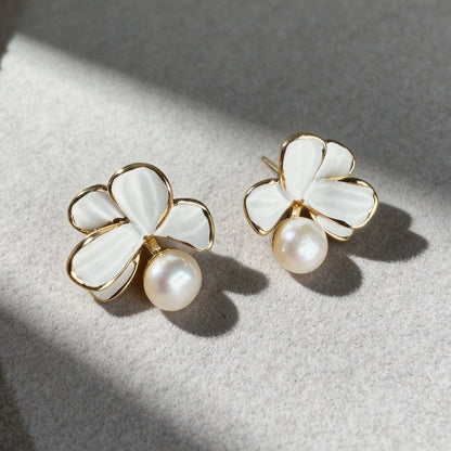 White Shell Petal Pearl Stud Earrings