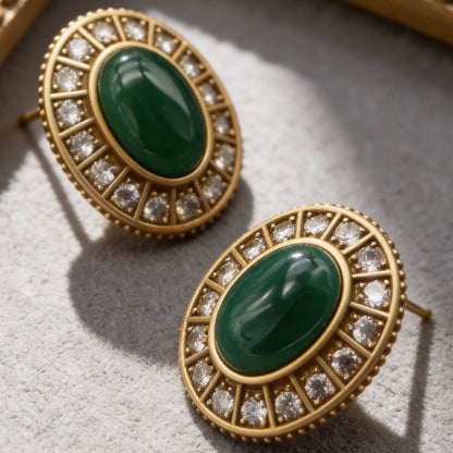 Vintage Green Stone Oval Stud Earrings