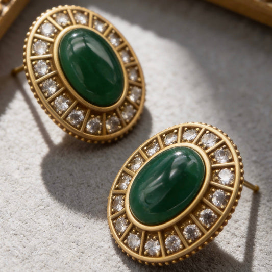 Vintage Green Stone Oval Stud Earrings