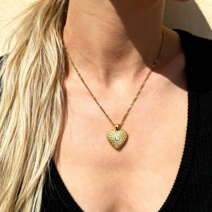 Gold Heart Textured Pendant Necklace