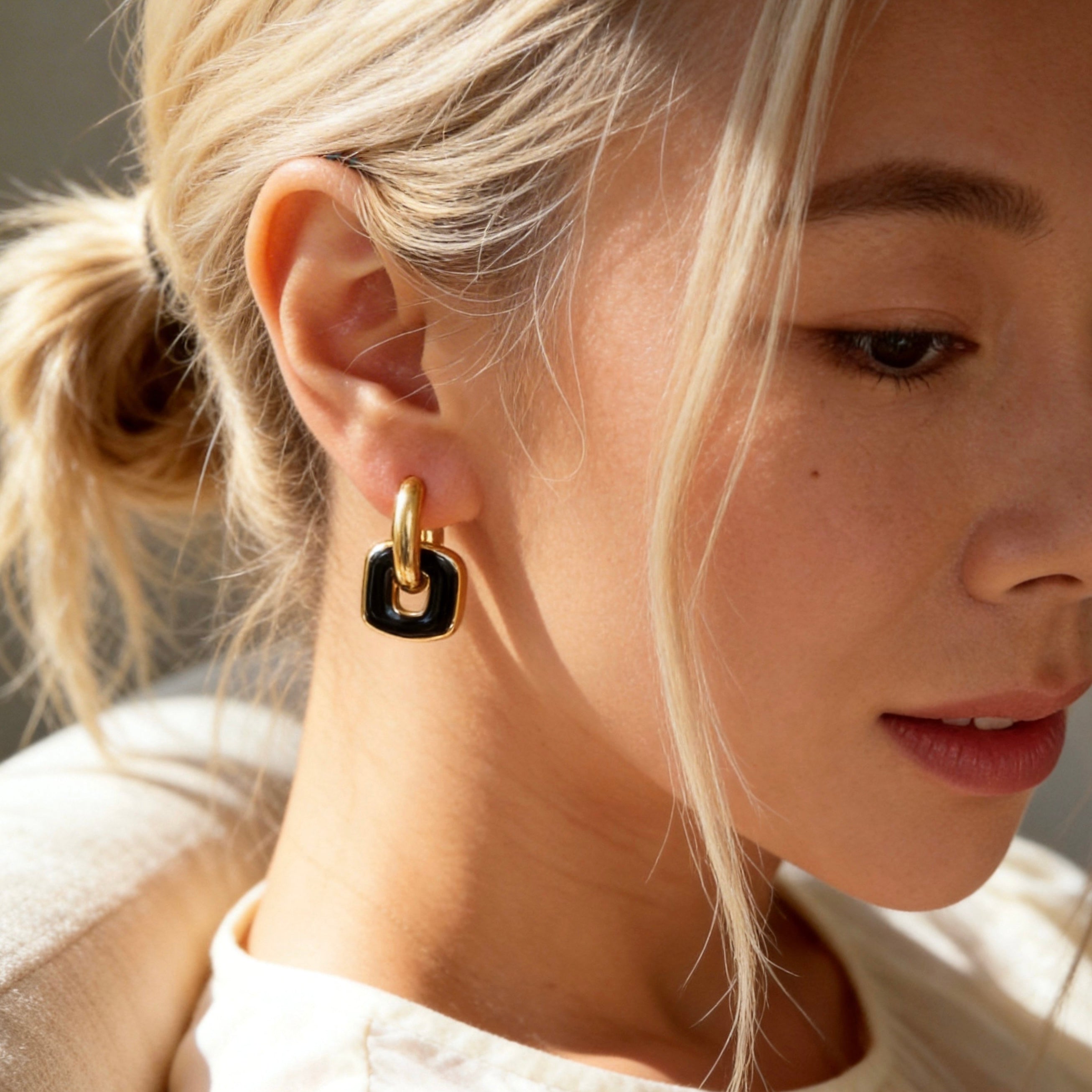 Gold & Black Linked Hoop Earrings