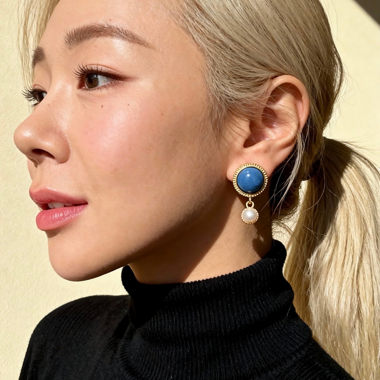 Blue Stone & Pearl Drop Earrings