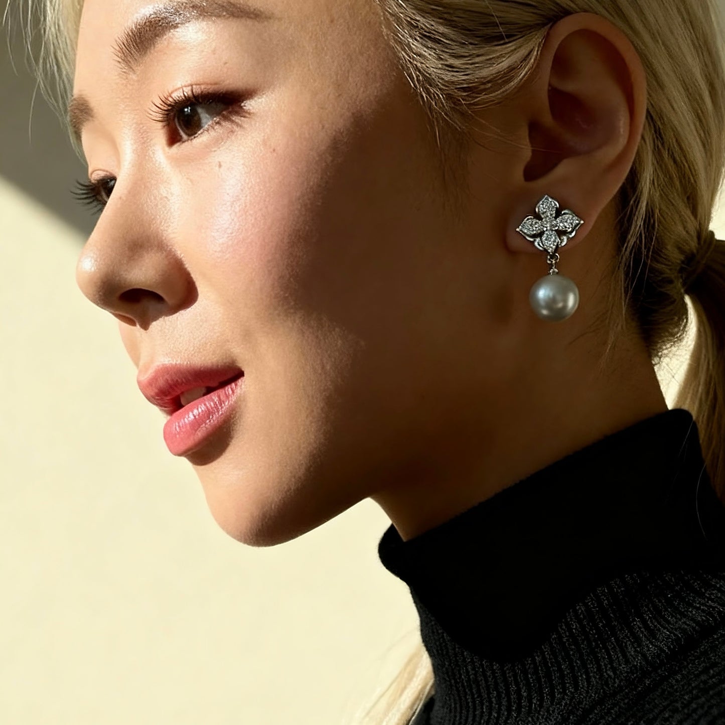 Floral Crystal Grey Pearl Earrings