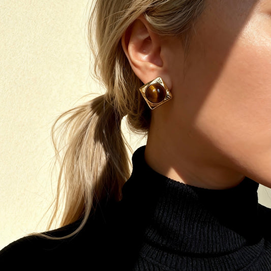 Square Tiger Eye Stud Earrings