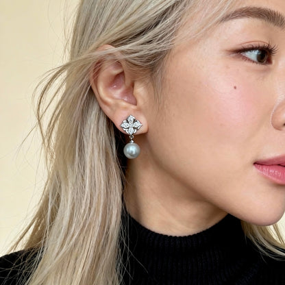 Floral Crystal Grey Pearl Earrings