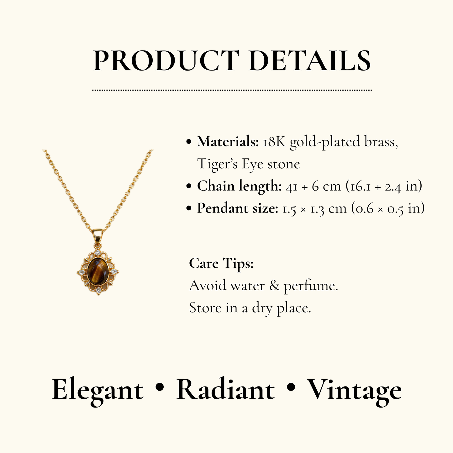 Vintage Floral Tiger Eye Pendant Necklace