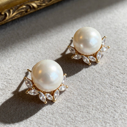 Pearl Stud Earrings with Crystal Halo