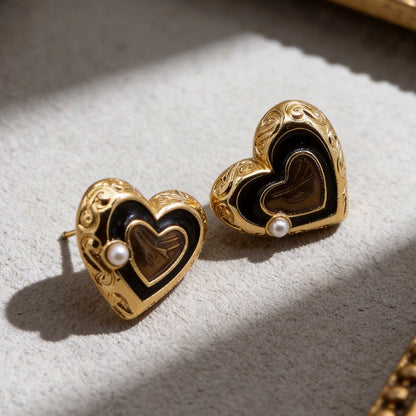 Vintage Black Heart Pearl Earrings