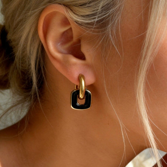 Gold & Black Linked Hoop Earrings