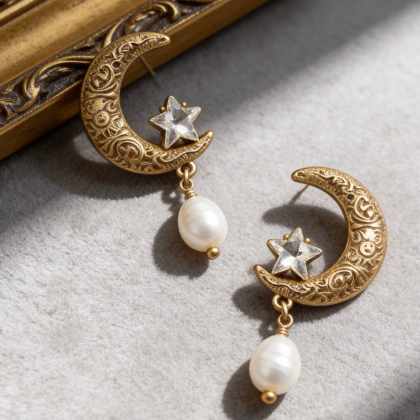 Vintage Moon Star Pearl Drop Earrings