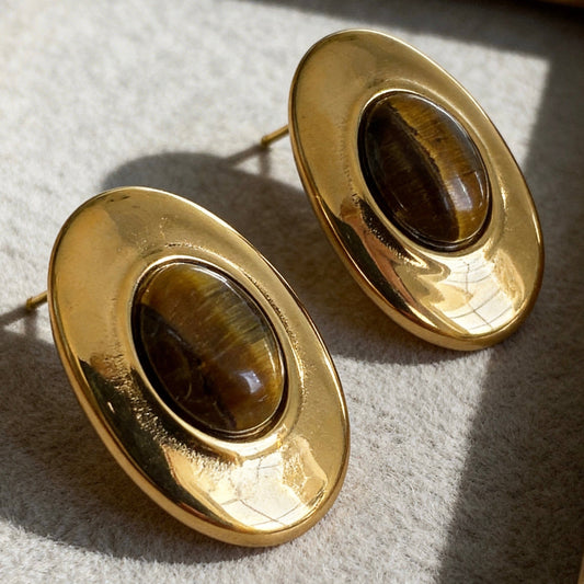 Oval Tiger Eye Stud Earrings
