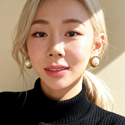 Gold Frame Pearl Stud Earrings