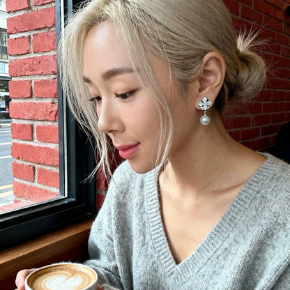 Floral Crystal Grey Pearl Earrings