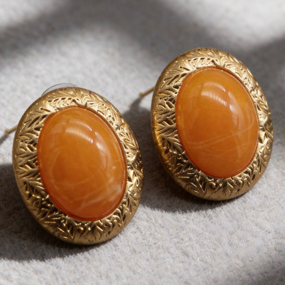 Vintage Orange Stone Oval Stud Earrings