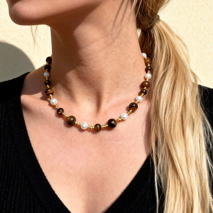 Tiger Eye & Pearl Beaded Necklace