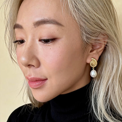 Gold Seashell Baroque Pearl Drop Earrings