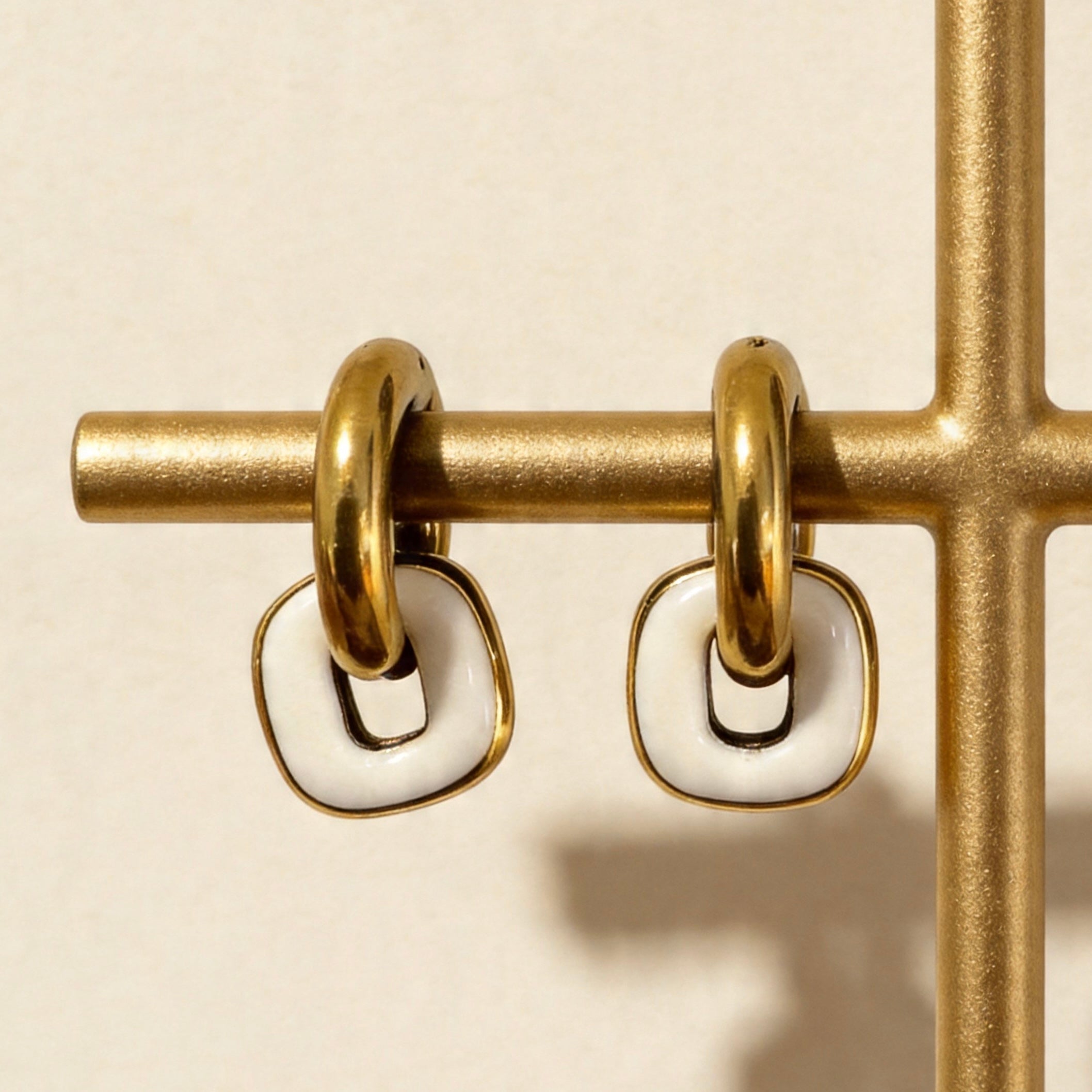 Gold & White Linked Hoop Earrings