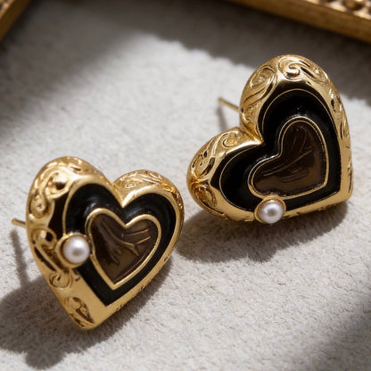Vintage Black Heart Pearl Earrings