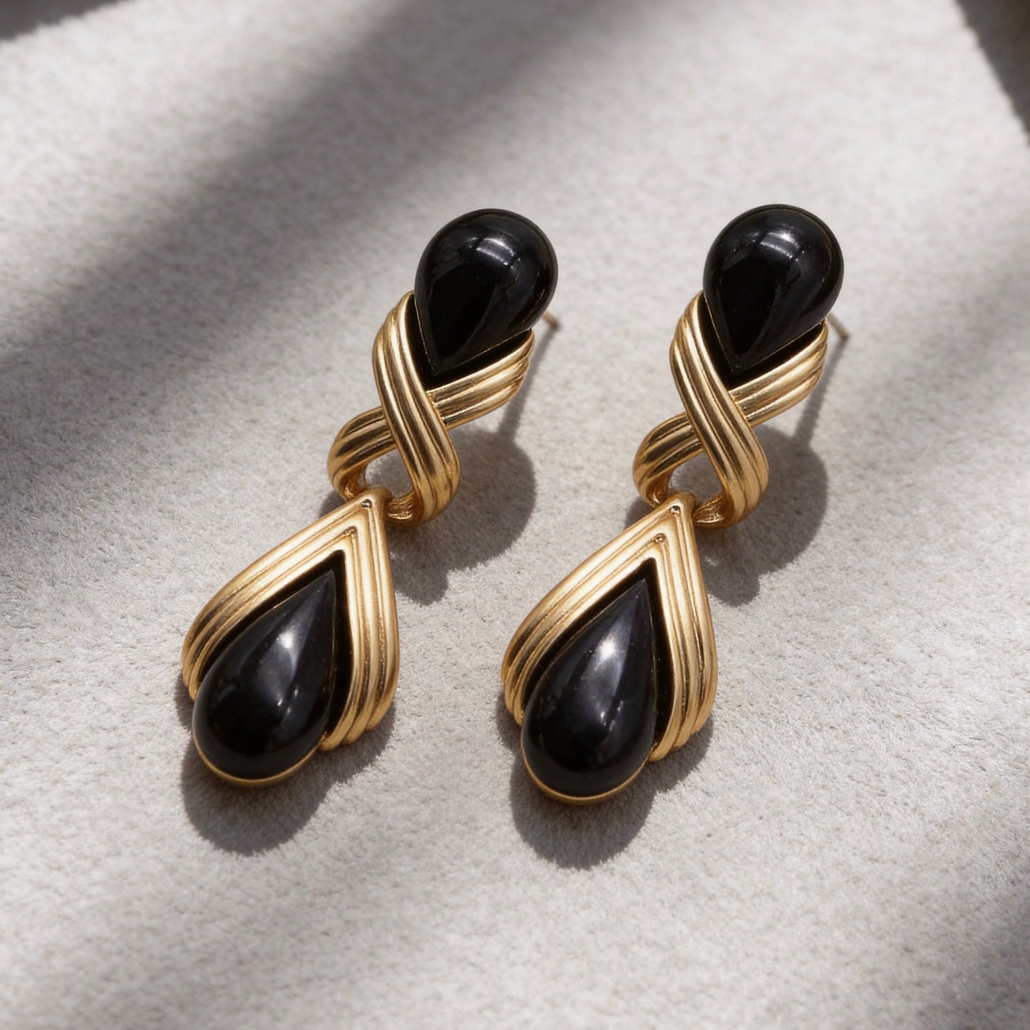 Black Onyx Teardrop Gold Drop Earrings