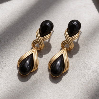 Black Onyx Teardrop Gold Drop Earrings